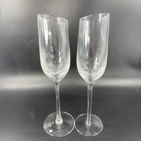 Pier 1 Clear Glass Crackle Angled Rim Goblet Drinking Glasses Cups Flutes Set  2 - Picture 9 of 11